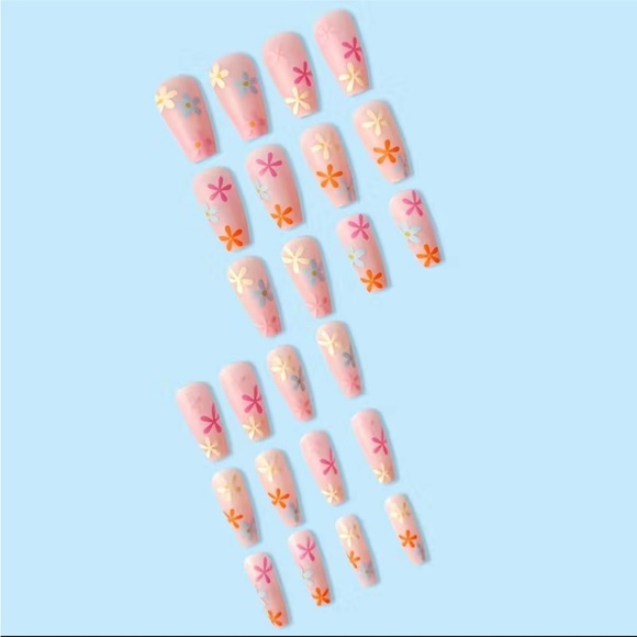 Acrylic Long Coffin Tip Matte Pastel Flower Barbiecore Fantasy Manicure Nails - Picture 6 of 6